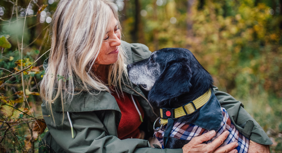 Photo of a woman comforting her senior-aged dog in West Michigan