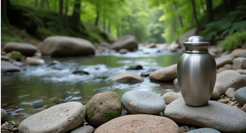 Peaceful urn in stream depicting aquamation service for pets in grand rapids mi